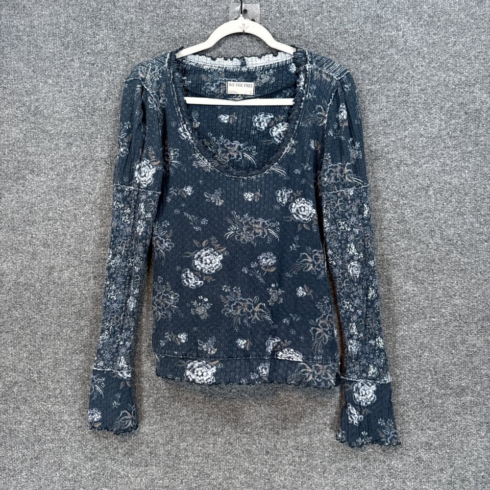We The Free Shirt Womens Large Blue Floral Thermal Waffle Knit Long Sleeve Y2K